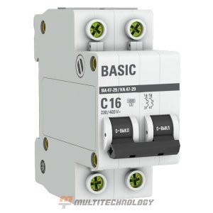 Автоматический выключатель 2P 16А (C) 4,5кА ВА 47-29 Basic (mcb4729-2-16C)