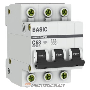 Автоматический выключатель 3P 63А (C) 4,5кА ВА 47-29 Basic (mcb4729-3-63C)